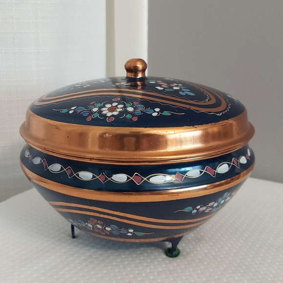 Vintage Copper Container W Lid Enamel Metal Round Floral Turkey - Picture 3 of 10